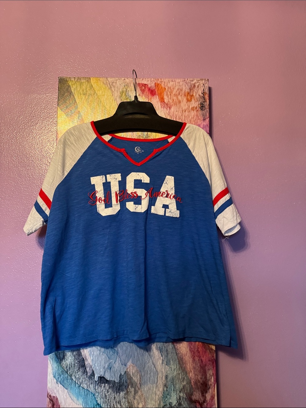 Cato Blue USA Graphic Tee with White Raglan Sleeves and Red Trim